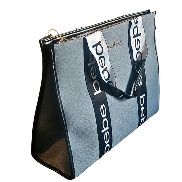 Bebe Gray/Bluel Canvas Tote Bag with Logo Straps - Large Bag with Inner pocket. - Picture 2 of 4